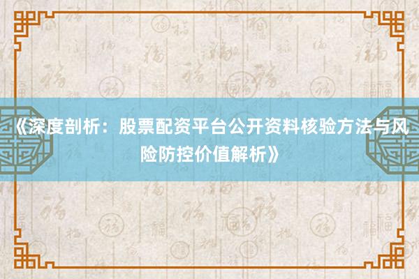 《深度剖析：股票配资平台公开资料核验方法与风险防控价值解析》
